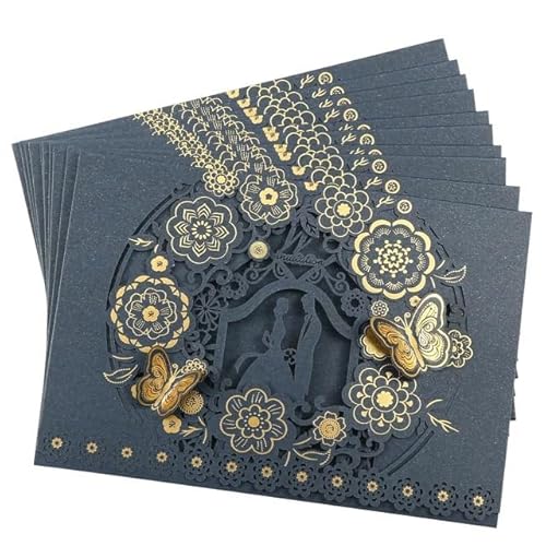 ZHAOYUQI Hochzeitskarte 10 teile/paket 3D Schmetterling Hochzeit Einladungskarten Blume Braut Bräutigam Aushöhlen Glänzende Perle Papier Karte Halter Hochzeitseinladungskarten(10pcs Blue Card) von ZHAOYUQI