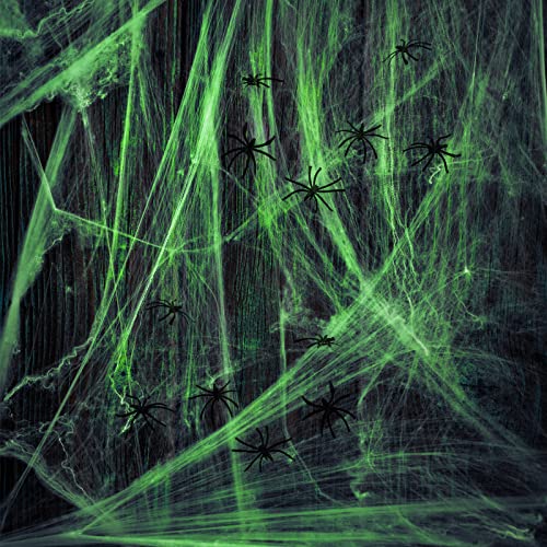 ZHDOKA Halloween Leuchtende Spinnennetz-Dekorationen, 1200 m² Spinnengewebe mit 60 Spinnen, gefälschte dehnbare Baumwollspinnennetz für Halloween-Party von ZHDOKA