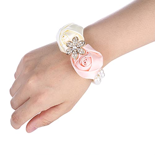 ZHDOKA Hochzeit-Handgelenk-Blume, Brautjungfer-Handgelenk-Corsage-Armband, Schöne Hochzeits-Handblume mit Perlen-Krawatte, Künstliche Rose, Braut-Band-Armband für Frauen,(Elfenbein mit Rosa) von ZHDOKA