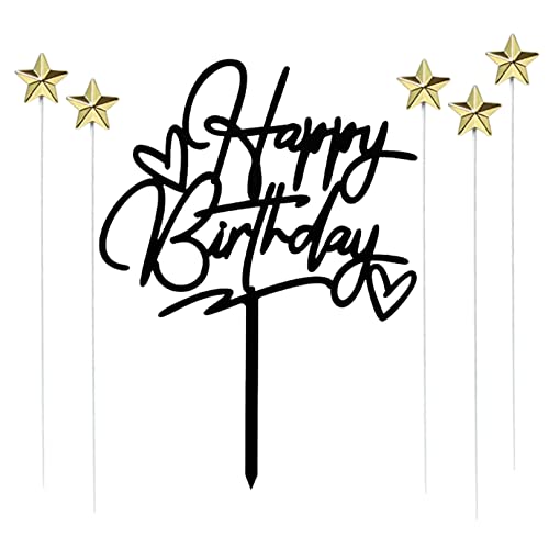 1 x schwarzer Happy Birthday Kuchenaufsatz, 5 x auffällige goldene Sterne, Topper, Motto-Party-Dekoration 1 x schwarzer Happy Birthday Kuchenaufsatz, 5 x auffällige goldene Sterne, Topper, Motto-Party-Dekoration von ZHENGYE