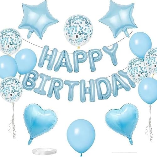 ZHENGYE 27-teiliges blaues Geburtstagsparty-Dekorationsset, 40,6 cm, Happy Birthday-Ballon, Banner, Pentagramm, Herzballons, Konfetti-Latex-Luftballons, Party-Dekorations-Zubehör von ZHENGYE
