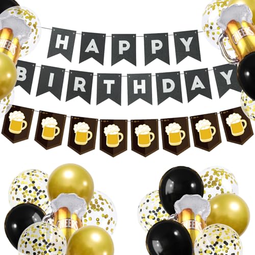 ZHENGYE Schwarzes Bier Geburtstag Party Dekorationen Bierglas Girlande Happy Birthday Banner Bier Motto Party für Männer Frauen Geburtstagsdekorationen von ZHENGYE