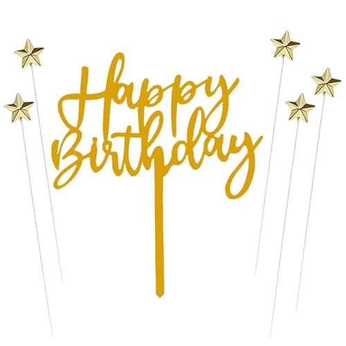 ZHENGYE Set mit 1 schwarzen Acryl-Kuchenaufsatz "Happy Birthday" und 5 Stück goldfarbenen sternförmigen Cupcake-Topper, Kuchendekoration, Zubehör für Babyparty, Geburtstagsdekorationen (Schwarz 16) von ZHENGYE