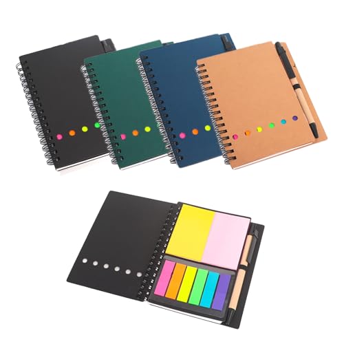 ZHERIKAH 4 Stück Notizbuch Spiralbindung, Notizblock, Kraft Cover(60 Blatt) Notizheft, Notizbuch A6 Inklusive Haftnotizen Klebezettel und Kugelschreiber für Arbeit und Schulbedarf von ZHERIKAH