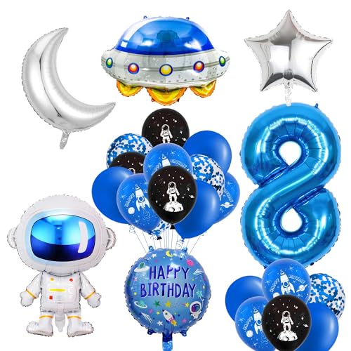 Weltraum Astronaut Folienballon, Zahl 8 Astronaut Folienballons mit Happy Birthday Girlande, Raketen Party Kindergeburtstag 8., Luftballons Raumschiff für Junge Party Geburtstag Dekoration Junge von ZHGIUWER