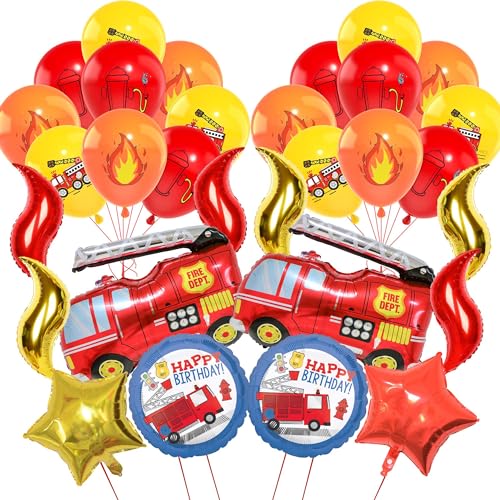 Feuerwehr Kindergeburtstag Luftballon Deko Set - 30 Stück Feuerwehrauto Partygeschirr mit Folienballon Partyzubehörset Feuerwehrauto Luftballon Deko Happy Birthday Banner Geburtstag Deko von ZHGIUWER