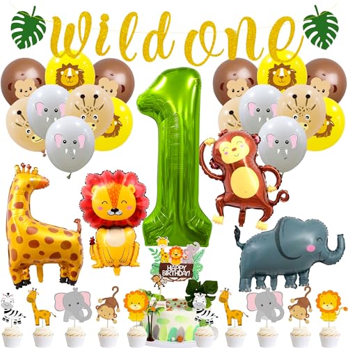 Wild One Party Deko 1Jahr , Dschungel Geburtstag Dekorationen 1. mit Banners, Zahlenballon 1, Kuchen Dekoration, Garland, Löwen, Elefant, Giraffen, Affen ballon für Kinder Geburtstagsdeko von ZHGIUWER