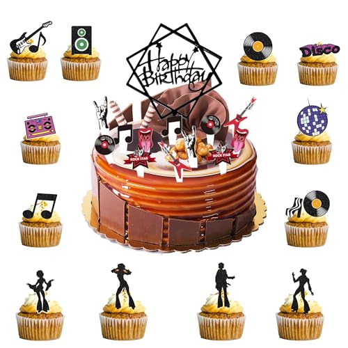 ZHGIUWER Disco Musik Geburtstag Kuchen Topper - Disco Thema Kuchen Topper and Roll Kuchen Dekoration für Rockstar Musiker Bassgitarre 80er Jahre Retro Themed Party Supplies von ZHGIUWER
