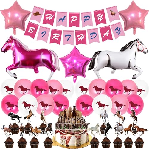 Pferde Geburtstags Dekoration, Rosa Pferd Party Geburtstag, Pferd Thema Party Dekorationen mit Happy Birthday Banner, Kuchenaufsätze, Luftballons für Pferderennen Geburtstag Cowboy Dekor von ZHGIUWER