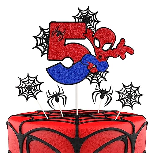 ZHIHUI Super Held Spider Man Kuchen Top, personalisierte 5-jährige Geburtstagskuchen Top, Super Held Party doppelseitig glänzende Cupcake Top, Jungen und Kinder Geburtstagsparty Dekoration 7 Stück von ZHIHUI