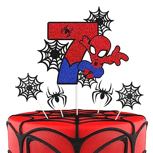ZHIHUI Super Held Spider Man Kuchen Top, personalisierte 7-jährige Geburtstagskuchen Top, Super Held Party doppelseitig glänzende Cupcake Top, Jungen und Kinder Geburtstagsparty Dekoration 7 Stück von ZHIHUI
