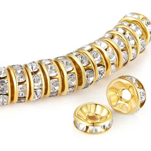 ZHIYUXI 200 Stück 10 mm goldene Abstandshalter für Schmuckherstellung, Kristall, Strass, Rondelle, goldene Abstandshalter für Armbänder, Halsketten ZHIYUXI 200 Stück 10 mm goldene Abstandshalter für Schmuckherstellung, Kristall, Strass, Rondelle, goldene Abstandshalter für Armbänder, Halsketten von ZHIYUXI