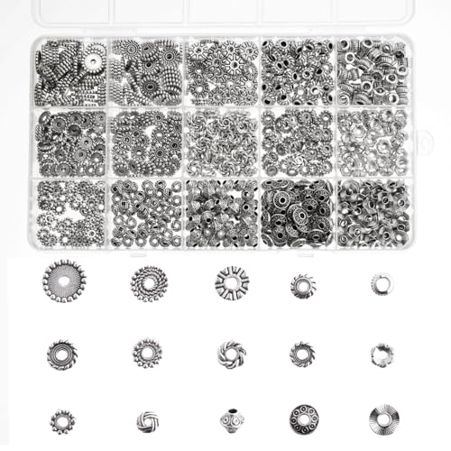 ZHIYUXI Abstandshalter in Antik-Silber für Schmuckherstellung, Metallrohr-Abstandhalter, Blumen-Perlen, flache Perlen für Armband, Halskette, Ohrringe, 750 Stück von ZHIYUXI