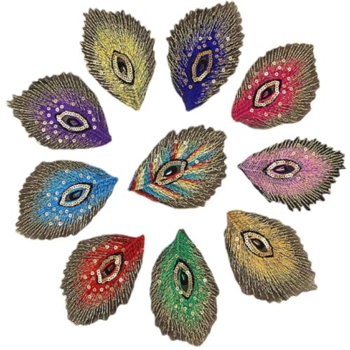Pfauenfedern, Paillettenapplikation, zum Aufbügeln, Stoff, Goldfaden, Stickerei, Patch, Thermocollant für Kleidung, 10 Stück Pfauenfedern, Paillettenapplikation, zum Aufbügeln, Stoff, Goldfaden, Stickerei, Patch, Thermocollant für Kleidung, 10 Stück von ZHONGJIUYUAN