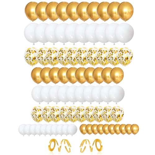 ZHOUHON 80 StüCk Luftballons Gold Weiß, Goldene Luftballon, Geburtstag Golden Latex Ballons Mit BäNdern FüR Valentinstag Ramadan Baby Shower Kinder Geburtstag Hochzeit Party Dekoration (Gold) von ZHOUHON