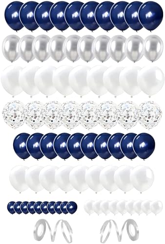 ZHOUHON 80 Stück Luftballons, Luftballons Blau Silber Weiß Konfetti Latex Ballons für Heliumballons Hochzeitsballons für Silberhochzeit Geburtstag Taufe Party Dekoration (Silber Blau) von ZHOUHON