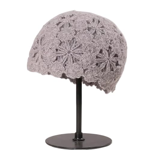 ZHOUXYFDC Damen Strickmütze Strickmütze for Damen, Retro-Art, Häkelblume, Hohlmütze, Baskenmütze, Wollmütze(Gray) von ZHOUXYFDC