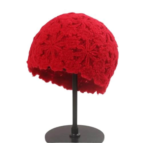 ZHOUXYFDC Damen Strickmütze Strickmütze for Damen, Retro-Art, Häkelblume, Hohlmütze, Baskenmütze, Wollmütze(Red) von ZHOUXYFDC