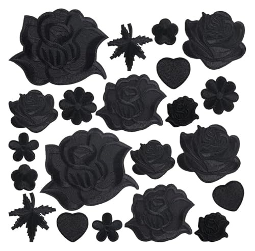 30 Stück 10 Stile Aufnäher Bügelbild Aufbügler Blume Herz Blätter Schwarz Rose von ZHSH