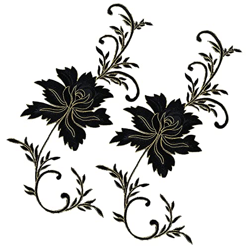 Bestickte Applikationen, 2 große Pfingstrosenblüten, bestickt, zum Aufbügeln, Schwarz Bestickte Applikationen, 2 große Pfingstrosenblüten, bestickt, zum Aufbügeln, Schwarz von ZHSH