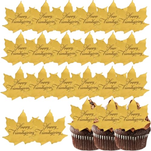 ZHUIGUANGZE Cupcake-Topper "Happy Fall", Ahornblatt, Acryl, Spiegelscheibe, graviert, Herbstblätter, für Thanksgiving, Party, goldfarben, 20 Stück von ZHUIGUANGZE