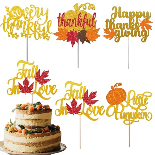 ZHUIGUANGZE Happy Thanksgiving Cake Toppers Glitter Kürbis Ahornblatt Gold Herbst Thema Dankbar Cupcake Picks Kuchen Dekoration für Thanksgiving Day Thema Herbst Hochzeit Geburtstag Party (5 Stück) von ZHUIGUANGZE
