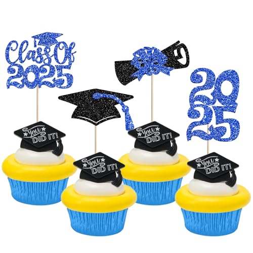 Cupcake-Topper für 2025, Glitzer-Diplom, Congrats Grad, Cupcake-Picks, Klasse 2025, Kuchendekorationen für Schulabschluss, Motto-Party, Kuchendekorationen, Zubehör, Blau, 24 Stück Cupcake-Topper für 2025, Glitzer-Diplom, Congrats Grad, Cupcake-Picks, Klasse 2025, Kuchendekorationen für Schulabschluss, Motto-Party, Kuchendekorationen, Zubehör, Blau, 24 Stück von ZHUOWEISM