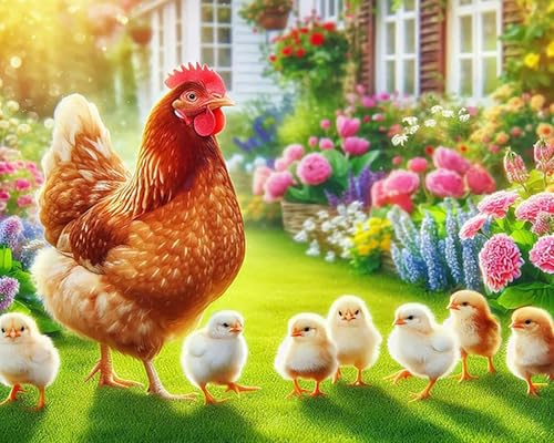ZHXXFD Diamond Painting Bilder Nutztiere Huhn 50X60 5D DIY Full Drill Diamant Malerei Set Erwachsene Kinder Groß XXL Bilder Hahn Henne Runde Steine,Diamant Kreuzstich Stickerei Mosaik Kits,B9 von ZHXXFD