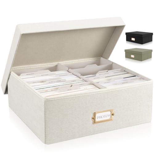 ZICOTO Dekorative Foto-Aufbewahrungsbox – stabiler Leinen-Foto-Organizer mit Trennwänden ist perfekt für bis zu 1700 Bilder und 10 x 15 cm große Fotos – tragbare Scrapbook-Aufbewahrungsbehälter mit von ZICOTO