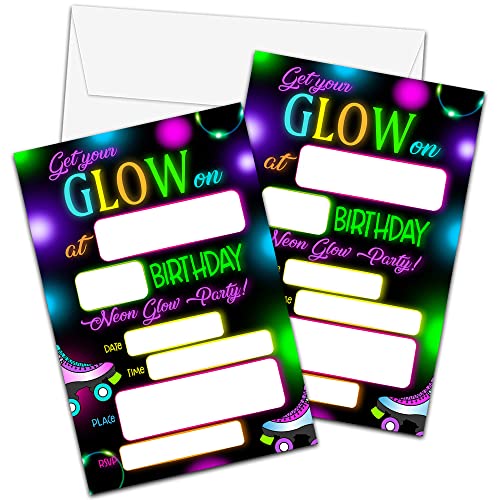 ZIIUFRN c08 Einladungskarten für Geburtstage, Neon-Leuchten, mit Umschlägen (10,2 x 15,2 cm), 20 Sets Neon-Geburtstagsparty, personalisierte Einladungen von ZIIUFRN