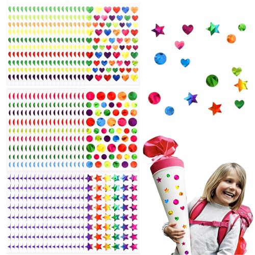 ZIJANG 3420 StückStickers for Kids, Bunt Sticker Glitzer, Selbstklebend Glitzersticker, Rund, Sternförmig, Herzförmig Drei Stile, für DIY-Dekoration, Geschenkgeben von ZIJANG