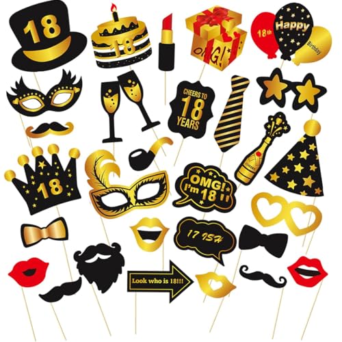 30 Stück Fotobox Accessoires für 18. Geburtstag, Schwarze Goldene Deko für 18 Geburtstag Junge und Mädchen, Fotobox Requisiten, Party Deko, Tischdeko 30 Stück Fotobox Accessoires für 18. Geburtstag, Schwarze Goldene Deko für 18 Geburtstag Junge und Mädchen, Fotobox Requisiten, Party Deko, Tischdeko von ZILZUFA