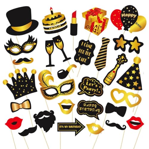 30 Stück Geburtstag Fotobox Accessoires, Happy Birthday Schwarze Goldene Fotobox Requisiten, Party Deko für Geburtstagsfeiern, Tischdeko, Zubehör, Geburtstag Deko von ZILZUFA