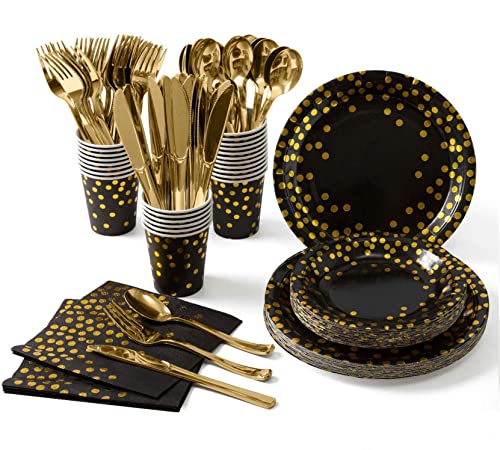141 Stück Schwarzesgold Partyzubehör Pappbecher Pappteller Set, Wiederverwendbar Papier Geschirr Set einschließlich Tischdecke Teller Becher Servietten zum Geburtstag, Hochzeiten, Jubiläums -20 Gäste 141 Stück Schwarzesgold Partyzubehör Pappbecher Pappteller Set, Wiederverwendbar Papier Geschirr Set einschließlich Tischdecke Teller Becher Servietten zum Geburtstag, Hochzeiten, Jubiläums -20 Gäste von ZIMAIC