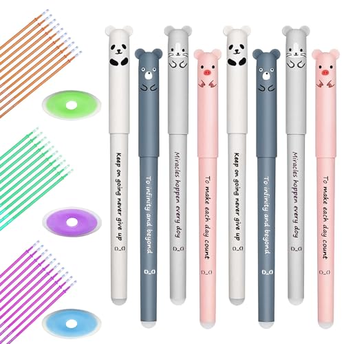 ZIOYA 8 Stück Radierbare Kugelschreiber 0,35mm Kawaii Gel Stift Kugelschreiber Löschbarer Gelstift Niedliche Cartoon Tierstifte mit 24 Minen und 2 Radiergummis von ZIOYA