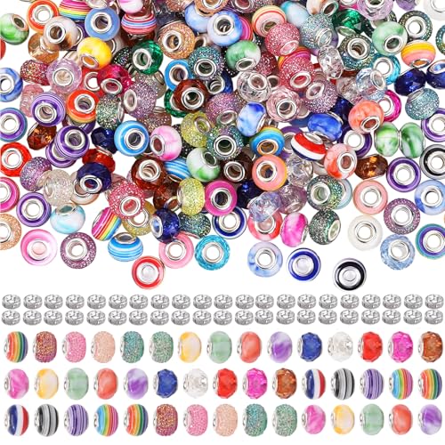 375 Stück Glasperlen mit großem Loch für die Schmuckherstellung mit 50 Stück Abstandshalter-Perlen, europäische Perlen, gemischte Farben, Glasperlen für Ohrringe, Halsketten und Armbänder (gemischte von ZIRICHER