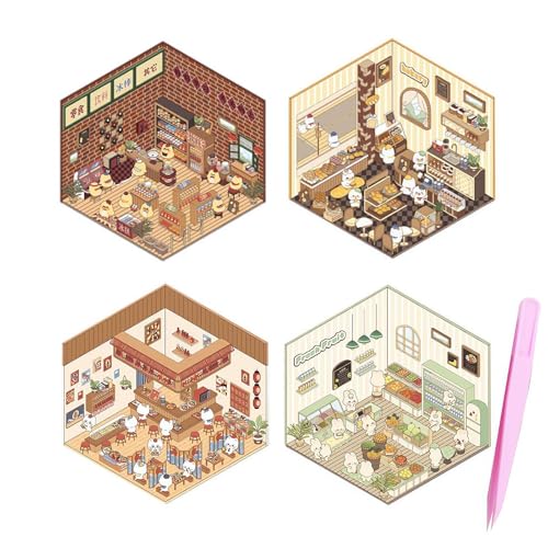 ZIRYXQ 4 Sets DIY 3D-Haus-Aufkleber, Lustige Szene Zum Selbermachen, Supermarkt, Café, Restaurant, Buchhandlung, Niedliche 3D-Cartoon-Szenen für Erwachsene, Kinder von ZIRYXQ
