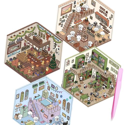 ZIRYXQ 4 Sets DIY 3D-Haus-Aufkleber, Lustige Szene Zum Selbermachen, Supermarkt, Café, Restaurant, Buchhandlung, Niedliche 3D-Cartoon-Szenen für Erwachsene, Kinder von ZIRYXQ