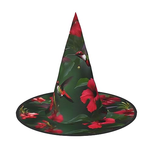 ZISHAK Kolibris rote Blume Hibiskus trendiger Halloween-Hexenhut für Frauen – ultimativer Partyhut für das beste Halloween-Kostüm-Ensemble von ZISHAK