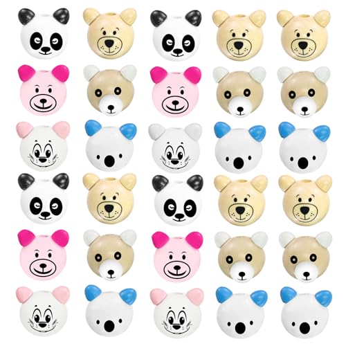 30 Stück Wooden Beads with Face, 25 mm Koala Bär Panda Gesicht Holzperle, Round Wooden Beads, for Macrame Accessories, Jewellery Bracelet Necklace, Lucky Worms, Worry Worms (Zufällige Farbe) von ZITUZY