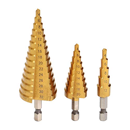 Spiralgenuteter Stufenbohrer, 3-teiliges 4 12/4 20/4 32 mm Stufenbohrer-Set mit 1/4 Zoll Sechskantschaft von ZIUBMVDYC