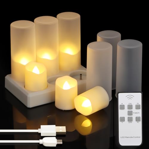 ZIYOUDOLI Wiederaufladbare LED Teelichter Aufladbare Set mit 6 Elektrischen Votiv-Teelichtern Warmweiß Dimmbar LED Kerzen mit Fernbedienung Timer und Ladehalterung für Halloween Weihnachten Home Deko von ZIYOUDOLI