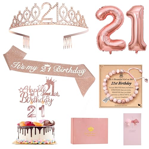 ZJDZTK, Dekoration zum 21. Geburtstag, inklusive Charm-Armbänder für Frauen, Schärpe zum 21. Geburtstag, Krone, Tortenaufsatz, digitale Kerzen, Luftballon-Set, Geburtstagskarte und schöne Geschenkbox ZJDZTK, Dekoration zum 21. Geburtstag, inklusive Charm-Armbänder für Frauen, Schärpe zum 21. Geburtstag, Krone, Tortenaufsatz, digitale Kerzen, Luftballon-Set, Geburtstagskarte und schöne Geschenkbox von ZJDZTK