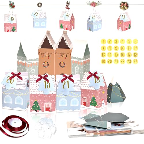 24 Stück Adventskalender Häuser, Adventskalender Bastelset zum Befüllen Haus mit Geschenkband, Geschenkanhänger, Wiederverwendbar Geschenkbox Boxen für DIY, Weihnachtsdeko von ZJKUBOIS