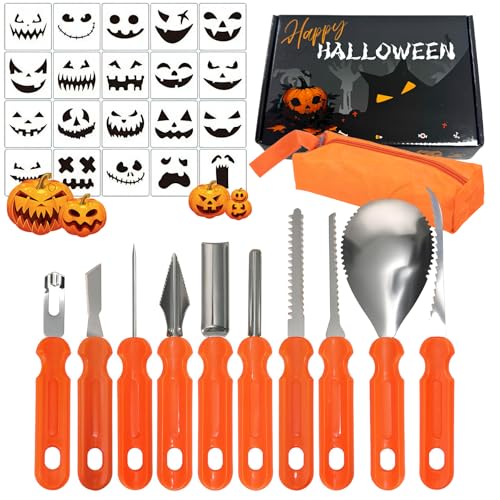Halloween Kürbis Schnitzset, 31 Stück Kürbis Schnitzset mit Vorlagen und kleiner Werkzeugtasche – Schnitzwerkzeug Kürbis, Edelstahl Schnitzmesser Kürbis, Kürbisschnitzwerkzeuge für Erwachsene & Kinder von ZJKUBOIS