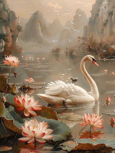 Diamond Painting Schwan, Lotus Diamond Painting Erwachsene Groß XXL 25x35cm, 5D DIY Eckige Steine Diamant Malerei Bilder Erwachsene Mosaik Bastelset für Zimmer Deko Wohnzimmer, Geschenke -zjn25065B von ZJNBBDOU