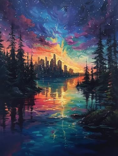 Diamond Painting Stadt, Aurora Diamond Painting Erwachsene Groß XXL (50x70cm), 5D DIY Eckige Steine Diamant Malerei Bilder Erwachsene Mosaik Bastelset für Zimmer Deko Wohnzimmer, Geschenke -zjn2506D4 von ZJNBBDOU