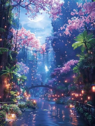 Landschaft Diamond Painting Erwachsene, 5D Diamant Painting Bilder Kirschblüten Muster Design, Eckige Steine Diamond Art Kinder DIY Strass Stickerei Bastelset für Zimmer Deko, (80x110 cm) -zjn25064E von ZJNBBDOU