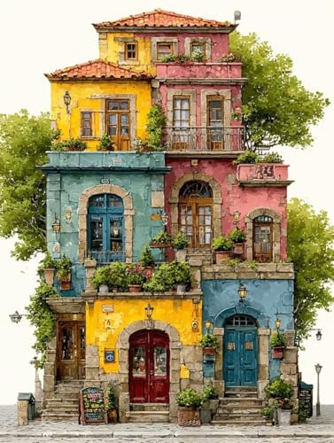 Malen Nach Zahlen Erwachsene, Malen Nach Zahlen Stadt Paint by Numbers Häuser Painting by Numbers DIY Set Erwachsene mit 3 Pinsel und Acrylfarben Set für Deko Wohnzimmer 30 x 40 cm -zjn2507658F1 von ZJNBBDOU