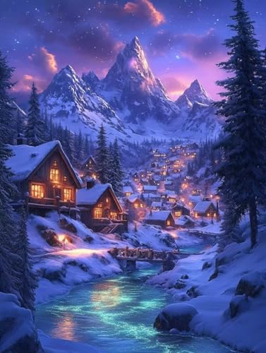 Malen Nach Zahlen Erwachsene, Malen Nach Zahlen Winter Paint by Numbers Häuser Painting by Numbers DIY Set Erwachsene mit 3 Pinsel und Acrylfarben Set für Deko Wohnzimmer (30x40cm) -zjn2507NOFNO von ZJNBBDOU